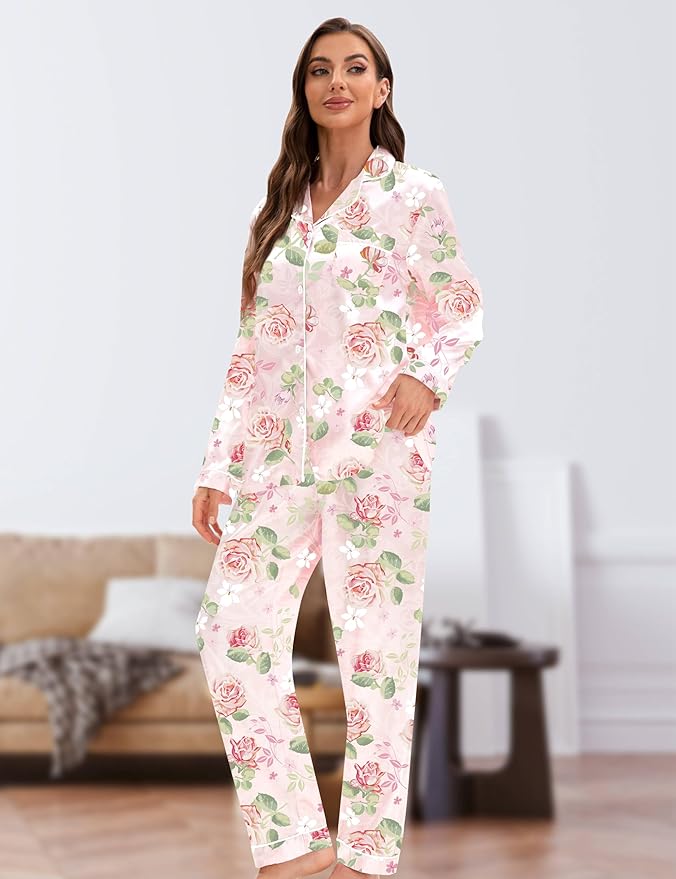 EPLAZA Silk Pajamas for Women Satin Pajamas Set 5 Pcs Long Sleeve Print Pattern Button Down Pjs Sleepwear Loungewear Set