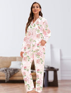 EPLAZA Silk Pajamas for Women Satin Pajamas Set 5 Pcs Long Sleeve Print Pattern Button Down Pjs Sleepwear Loungewear Set