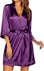 Ekouaer Women's Lace-Trim Silk Robes Bride Bridesmaid Kimono Satin Bathrobe V Neck Sleepwear with 3/4 Sleeve