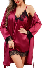 Womens Silk Lingerie Robe Nightgown 2 Piece Pajamas Set Sexy Lace V Neck Cami Satin Sleepwear