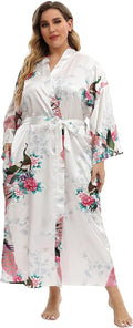 Women's Floral Long Satin Robes Plus Size Long Silk Robes Peacock Floral Kimonos Sleepwear Dressing Gown