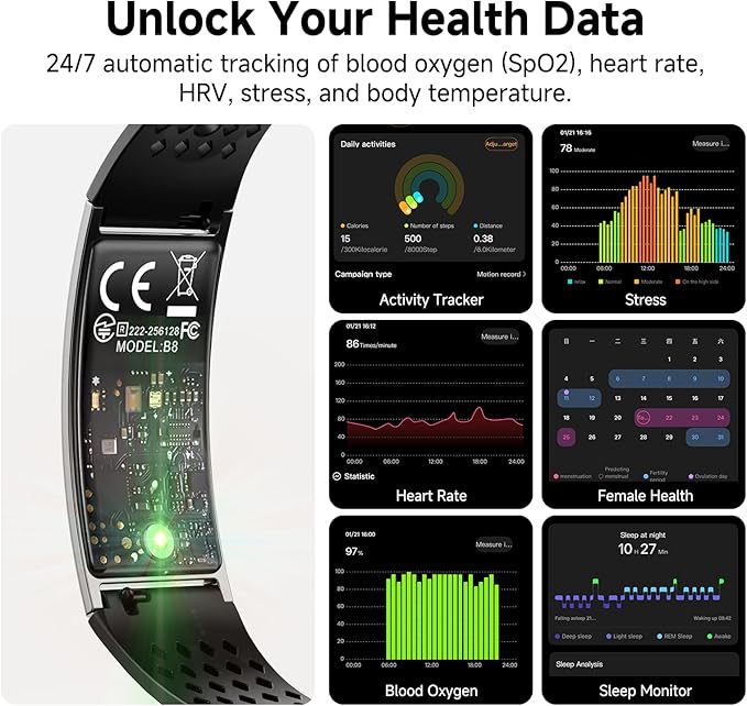 Smart Bracelet, Subscription-Free 24/7 Health Tracking, Heart Rate, SpO2, HRV & Sleep Tracker with IPX8 Waterproof, Wearable Activity & Fitness Tracker, 7-Day Battery, 2 Bands (Black)
