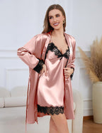 Womens Silk Lingerie Robe Nightgown 2 Piece Pajamas Set Sexy Lace V Neck Cami Satin Sleepwear