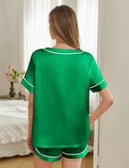 Silk Pajamas for Women Short Sleeve Satin 2 Piece Pj Set Soft V Neck Sleepwear Loungewear, S-XXL