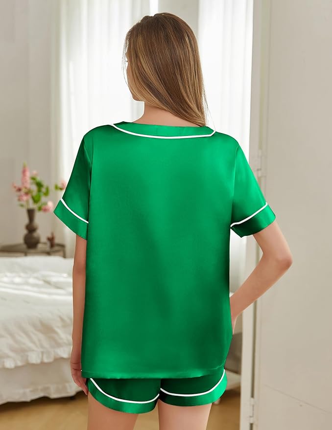 Silk Pajamas for Women Short Sleeve Satin 2 Piece Pj Set Soft V Neck Sleepwear Loungewear, S-XXL