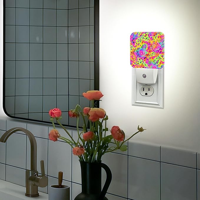 Floral Night Lights Plug Into Wall, Modern Playful Swirls Colorful Patterns Summer Neon Peach Plug in Wall Night Light with Auto Sensor for Bathroom Hallway Stairs Decor 2pcs