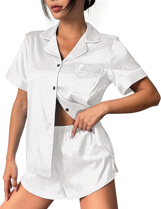 Ekouaer Womens Silk Satin Pajama Set Print Short Sleeve Sleepwear Button Down Pjs Shorts Set Loungewear