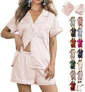 WJing Yi Jia Womens 3Pcs Floral Pajamas Sets Silk Satin Sleepwear XS~4XL Button Down Short Sleeve Shirt Pjs Loungewear
