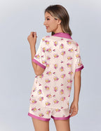 Ekouaer Womens Silk Satin Pajamas Set Animals Print Pjs Button Down Short Sleeve Lounge Set 2 Piece Sleepwear