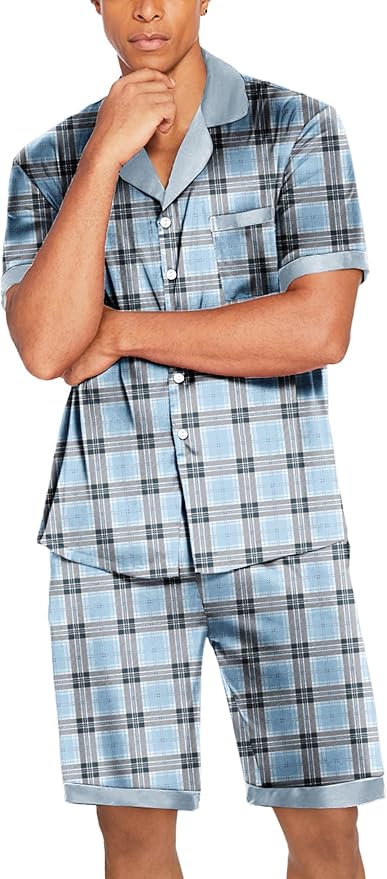 Ekouaer Men Satin Silk Pajamas Set with Pockets Sleepwear Shorts Satin Summer Loungewear 2 Piece Button Down Set S-3XL