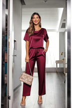 Ekouaer Womens Satin Silky Pajama Set Short Sleeve Shirt with Long Pajama Pant Set Soft PJ Loungewear