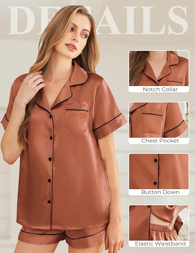 Silk Pajamas for Women Short Sleeve Sleepwear Soft Button Down Loungewear 2 Piece Satin Pjs Shorts Set S-XXL