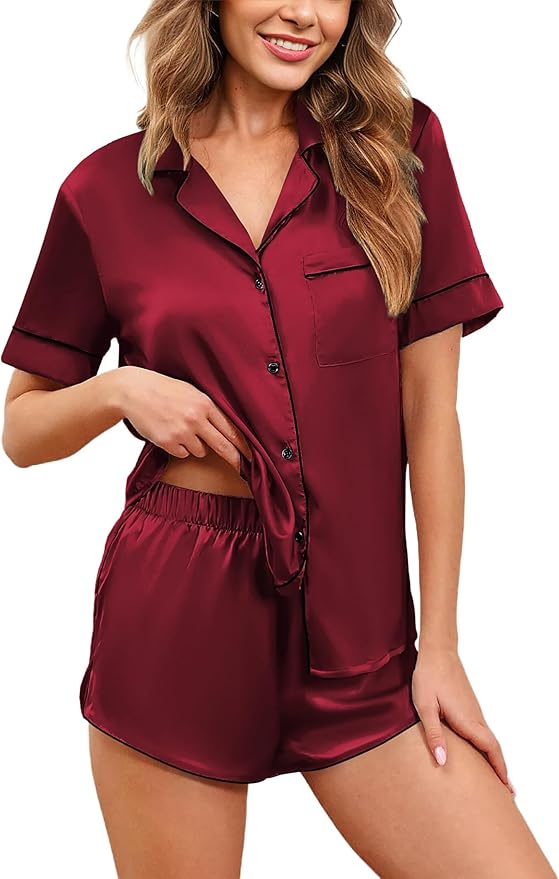 Ekouaer Womens Silk Satin Pajamas Set Short Sleeve Sleepwear Button Down Loungewear 2 Piece Pjs Shorts Set S-5X Plus Size