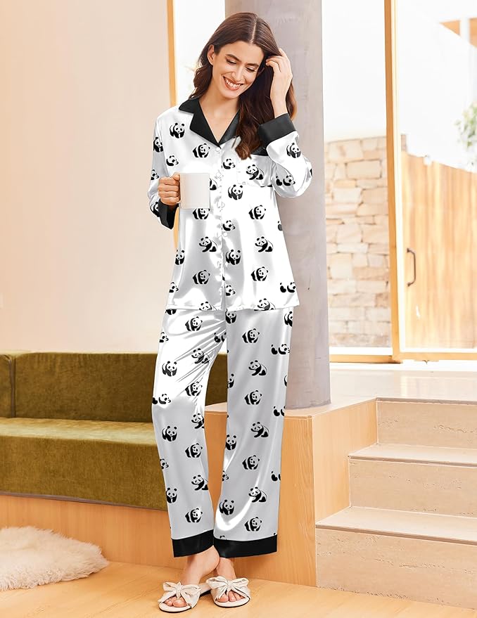 Ekouaer Silk Pajamas for Women Long Sleeve Satin Pajama Set Silky Pj Sets 2 Piece Button Down Loungewear Sleepwear