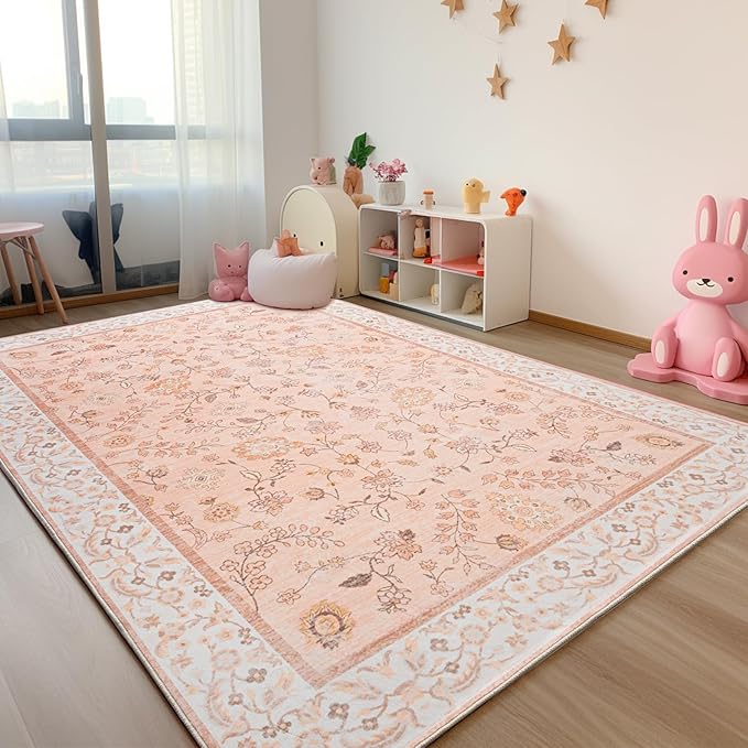 CRYPTOLITE Area Rug for Living Room, 8x10 Machine Washable Non Slip Large Faux Wool Throw Rug, Low Pile & Non-Shedding Boho Large Carpet Rugs for for Dining Room, Bedroom, Office (Cinnamon)