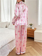 WDIRARA Women's 2 Piece Bowknot Print Satin Pajama Set Long Sleeve Button Down Lounge Pants Sleepwear Sets