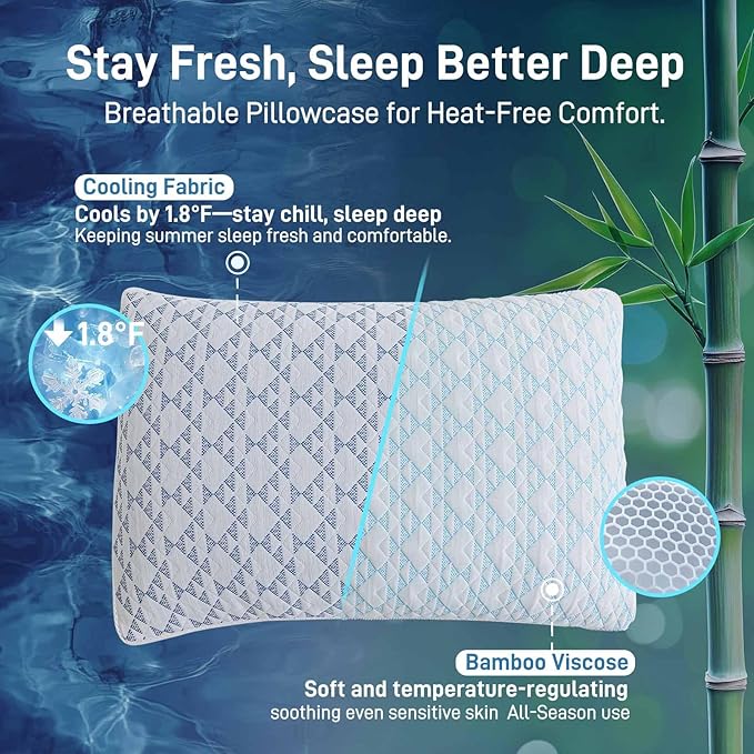 Cotelovo Shredded Memory Foam Soft Bamboo Viscose Pillows Adjustable Hypoallergenic Hotel Quality Bed Pillows for Side, Back and Stomach Sleeper, Oeko-TEX Certified King Size Set of 2