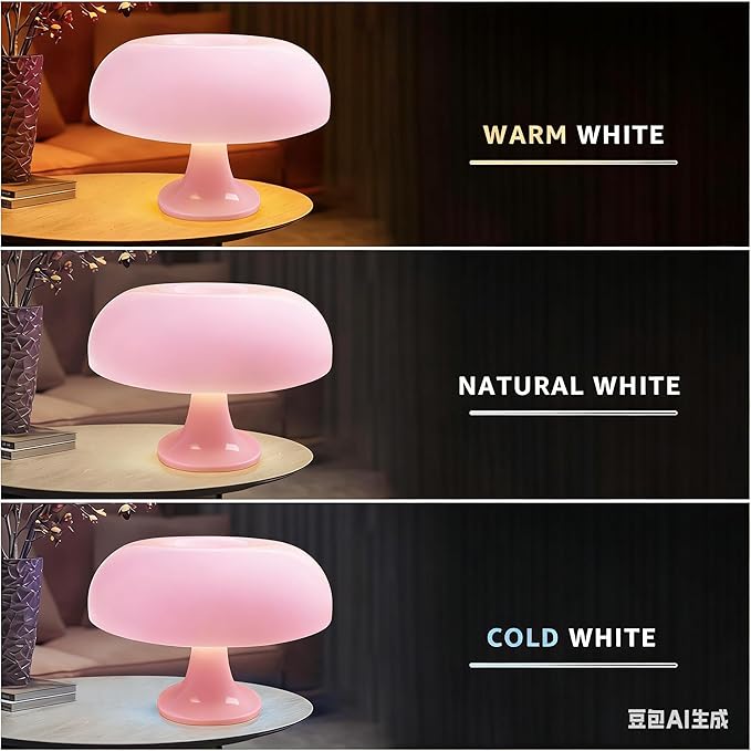 25W Pink Mushroom Lamp, LED Retro Table Lamp with 3 Color Temperatures and 4 Bulbs, Mid Century Modern Nightstand Light for Bedroom, Living Room, Office Aesthetic Decor, US Plug Powered, E14 Sockets