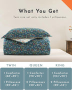 ALEISSEL Cotton Floral Comforter Twin Size - 2PC Lightweight Bedding Sets with Down Alternative Fill, Deep Slate Blue & White with Vibrant Floral Pattern (1 Comforter, 1 Pillowsham)