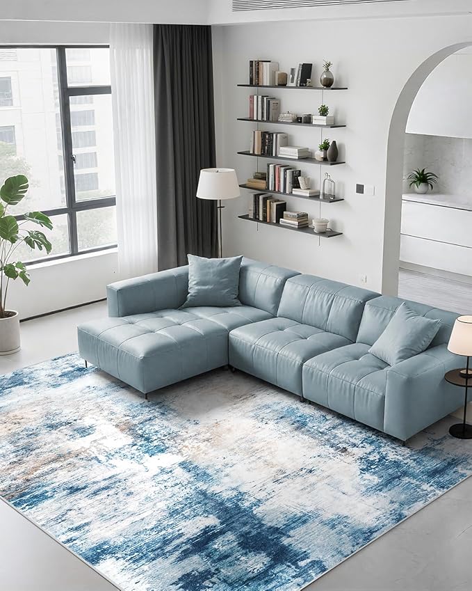CRYPTOLITE Abstract Area Rug 5x7 Washable Rug with Non-Slip Backing Low Pile Area Rug Area Rugs for Living Room, Bedroom, Dining Room, Blue