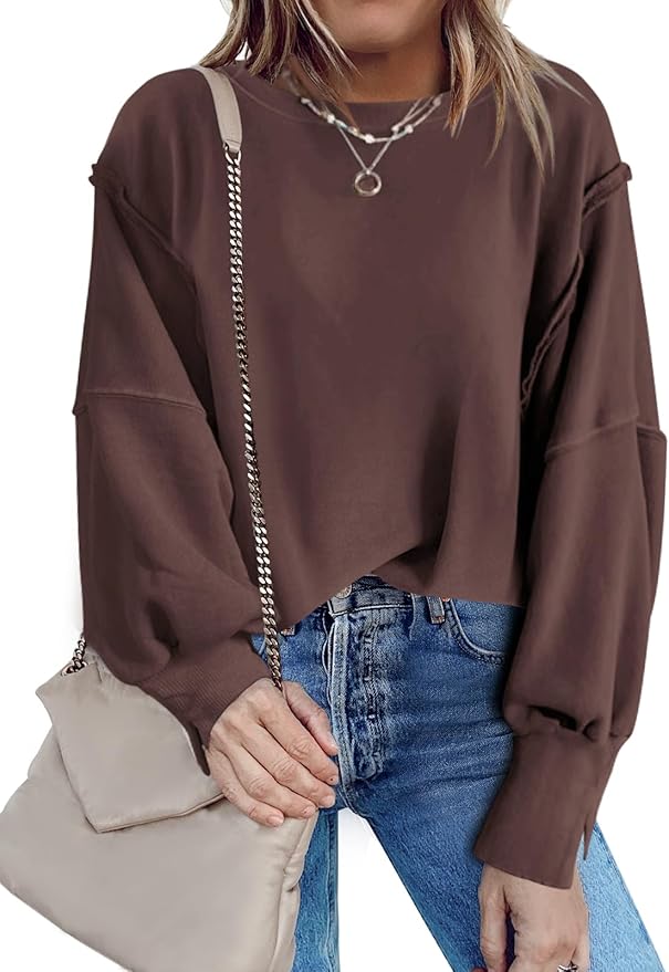 Nirovien Womens Oversized Crewneck Sweatshirt Side Slit Long Sleeve Pullover Slouchy Fit Tops