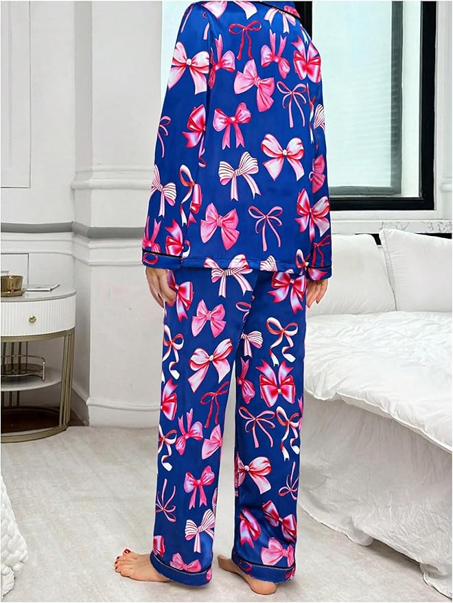 WDIRARA Women's 2 Piece Bowknot Print Satin Pajama Set Long Sleeve Button Down Lounge Pants Sleepwear Sets