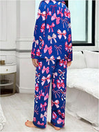 WDIRARA Women's 2 Piece Bowknot Print Satin Pajama Set Long Sleeve Button Down Lounge Pants Sleepwear Sets
