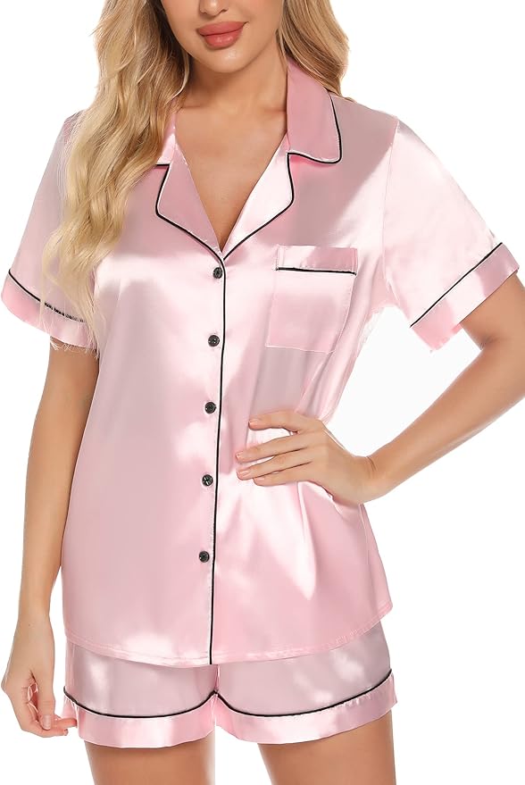 Samring Women's Silk Satin Pajamas Set Short Sleeve Sleepwear Two Piece Button Down Pj Set with Pockets S-XXL
