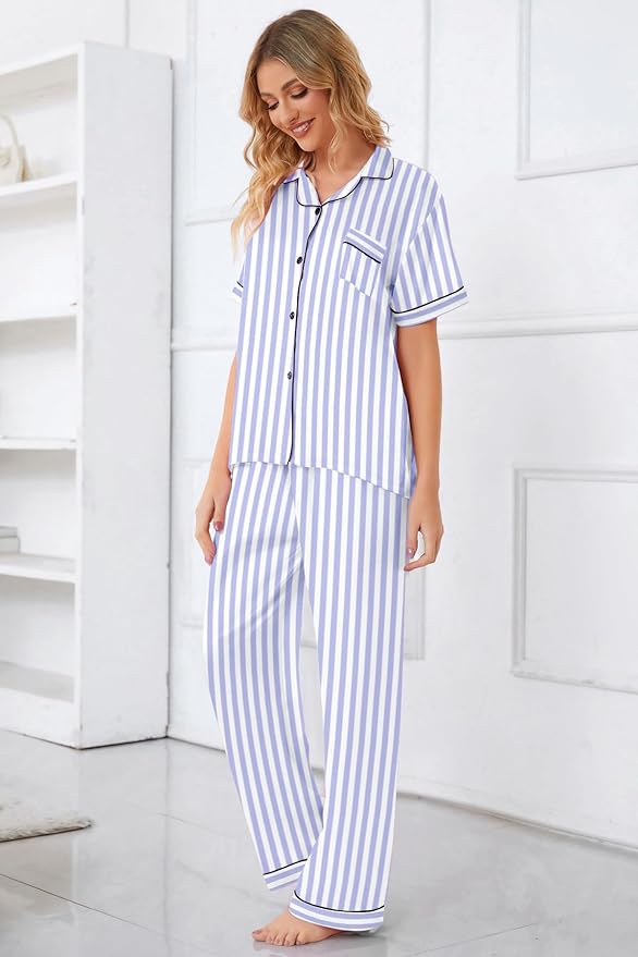 Umeyda Girls Womens Pajamas Set, Satin Silky Button Down Loungewear 2 Piece Short Sleeve Pants PJS Sets for Mommy Kids