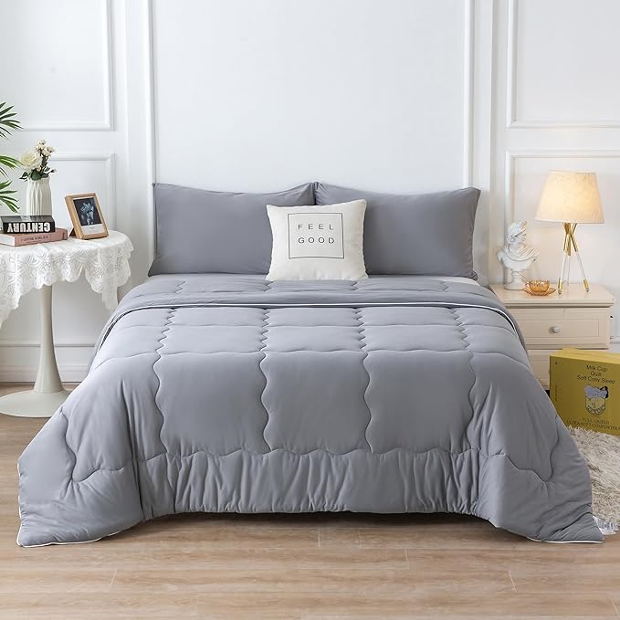 COTTEBED Ultra-Soft Comforter Set Queen/Full Size Bed, Jersey Knit T-Shirt Feeling Fluffy Cozy Comy Durable Lightweight Quilt Bedding Down Blanket & 2 Pillowcase for All Season Use, Dark Grey