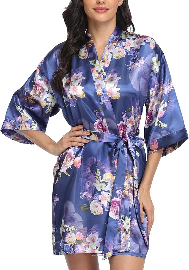 Women's Floral Satin Robes Bride Bridesmaid Getting Ready Robe Short Silky Kimono Sleepwear for Wedding Party