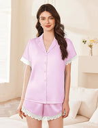 Ekouaer Womens Lace Satin Pajama Set Button Down Pj Shorts Set Bridesmaids Getting Ready Outfits Casual Sleepwear XS-XXL