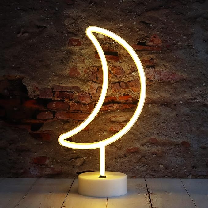 LED Moon Neon Signs, Crescent Night Lights Ramadan Decor USB Battery Operated Moon Lamp for Birthday Party, Wedding, Halloween, Christmas Decorations-Holder Base(Warm White)