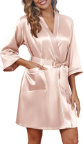 Ekouaer Silky Robes for Women Satin Knee Length Bride Bridesmaid Wedding Party 3/4 Sleeve Bathrobe Lightweight Sexy Sleepwear with Pockets Champagne S