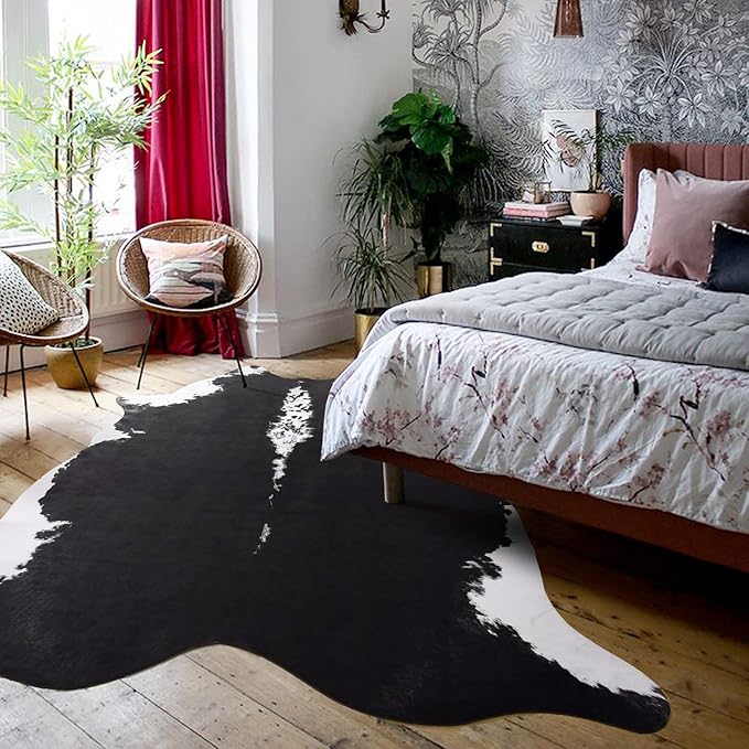 HOMORE Cowhide Rug, Cute Cow Print Rug for Living Room Faux Cow Hide Animal Print Carpet for Bedroom Office Table, 4.6 x 5.2 Feet, Black
