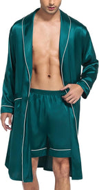 SWOMOG Men's Satin Robe Silky Kimono Bathrobe with Shorts Set Lightweight Soft Loungewear Nightwear