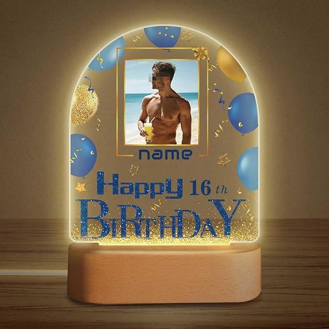 Customized Birthday Gifts Personalized Acrylic LED Night Light Lamp Plaque Custom Photo Name Age Birthday Gifts for Women Men(B-Blue and Gold)