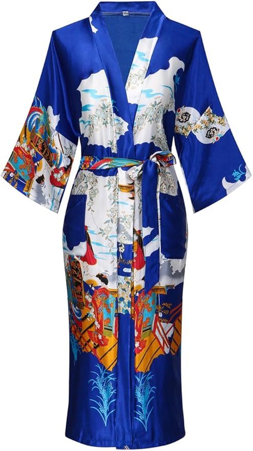 Valennia Women Long Silky Bathrobe Satin Kimono Robe Floral Printed Dressing Gown Sleepwear