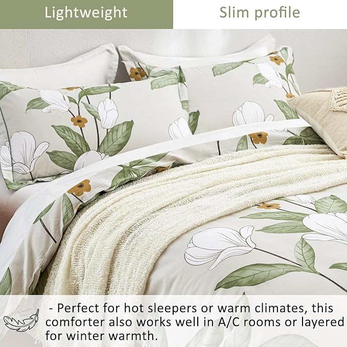 ALEISSEL Pale Moss Green Botanical Cotton Comforter Queen Size - 3PC Lightweight Bedding Sets with Ultra-Soft Alternative Fill, Floral Design with Leaf & White Magnolias (1 Comforter, 2 Pillowshams)