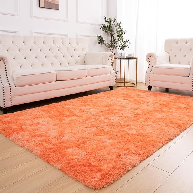 Softlife Orange Area Rug for Bedroom, Fluffy Shag Plush Shaggy 4x6 Rugs for Living Room Girls Kids, Throw Soft Fuzzy Tie Dyed Small Carpet for Dorm Bedside Ultra Cozy Non-Slip Indoor Decor