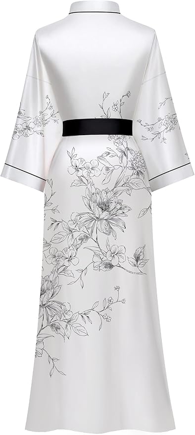 Kihnop Women's Floral Long Kimono Robe Long Satin Robe Long Silk Robe Ladies Kimonos Silky Bathrobe Cover Up, One Size