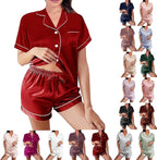 WJing Yi Jia Womens Silk Satin Pajamas Loungewear Two-Piece Sleepwear Button-Down Floral Pj Set XS-4XL