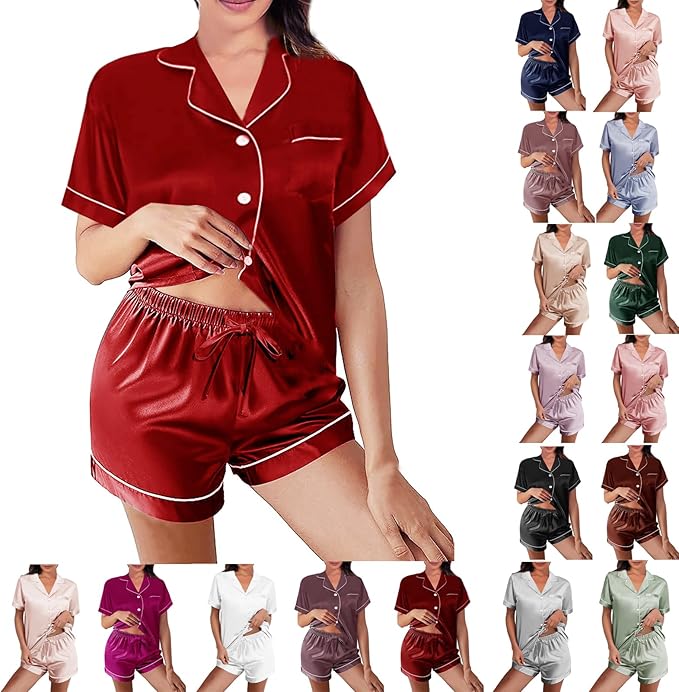 WJing Yi Jia Womens Silk Satin Pajamas Loungewear Two-Piece Sleepwear Button-Down Floral Pj Set XS-4XL