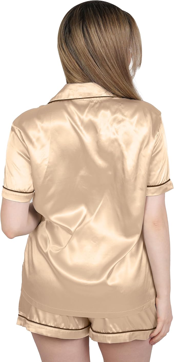 NY Threads Women's Silk Satin Pajamas Set Button Down Top and Shorts 2 Piece Sleepwear Loungewear Pjs Set
