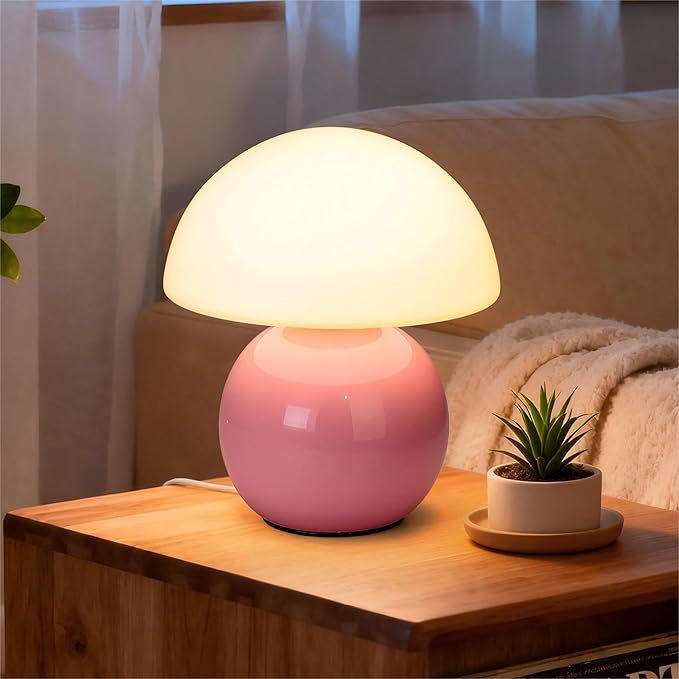 ULAROOM Small Mushroom Lamp,USB-Plug in Bedside Table Lamps with 3-Temperature LED Bulb Dimmable,Unique Cute Aesthetic Home Decor for Living Room,Bedroom, Modern Ceramic Base Glass Lamp(Pink)