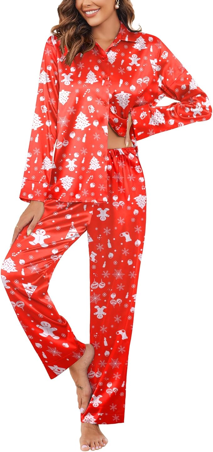 Ekouaer Women Satin Silk Pajamas Classic Long Sleeve Button Down Pjs Set Soft Loungewear