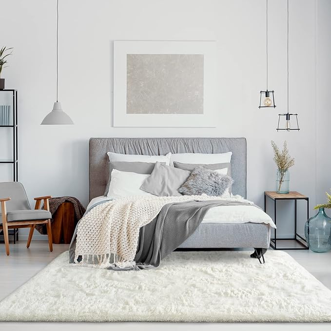 Jelymark Super Soft Shaggy Rug for Bedroom, 5x8 Feet Fluffy Carpet for Living Room, Fuzzy Indoor Plush Area Rug for Home Decor, Furry Floor Rugs for Dorm, Kids Nursery Rug for Girls, Cream White