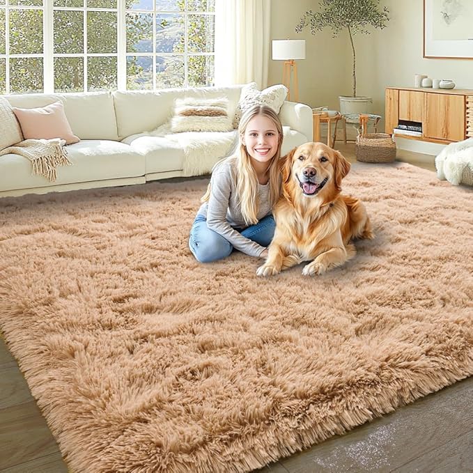KING DARE 9x12 Area Rug for Living Room Plush Carpet, Soft Fluffy Shaggy Fuzzy Furry Large Beige Rug, Anti-Slip Washable Modern Floor Rug for Bedroom Home Aesthetic Decor