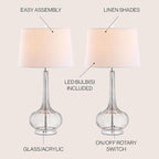 JONATHAN Y 28.5" Smoke Gray Glass Teardrop LED Table Lamp Set of 2 for Living Room Bedroom Nightstand, White Linen Shade Modern Transitional Bedside Desk Lamp (JYL1079D-SET2)