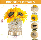 Sunflowers Flower Lamp,Rechargeable Cordless Touch Table Lamp for Bedroom,3-Colour Dimming Small Night Light,Crystal Bedside Lamps with USB Charge,Birthday Valentines Day Gifts for Women,Mom,Wife